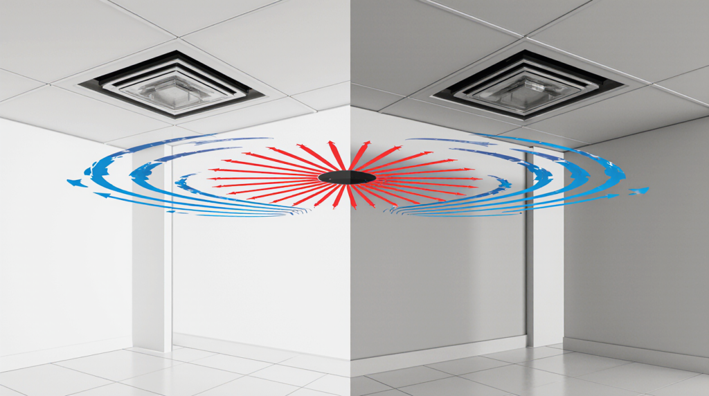 مقایسه الگوی پرتاب باد و توزیع جریان هوا بین دریچه سقفی و دریچه دیواری